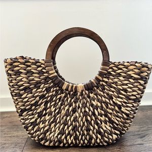 The Limited woven straw tote beach bag wood handles